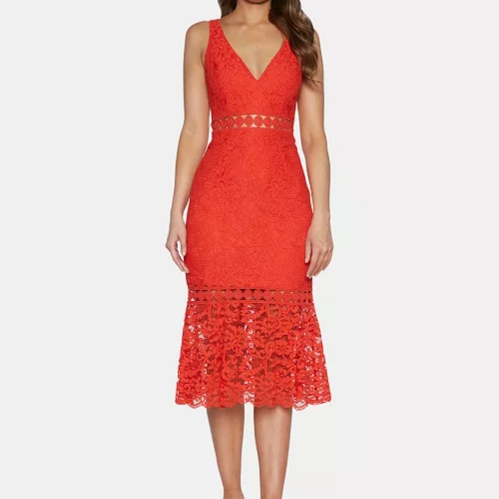 BARDOT Red Lace Trumpet Midi Dress